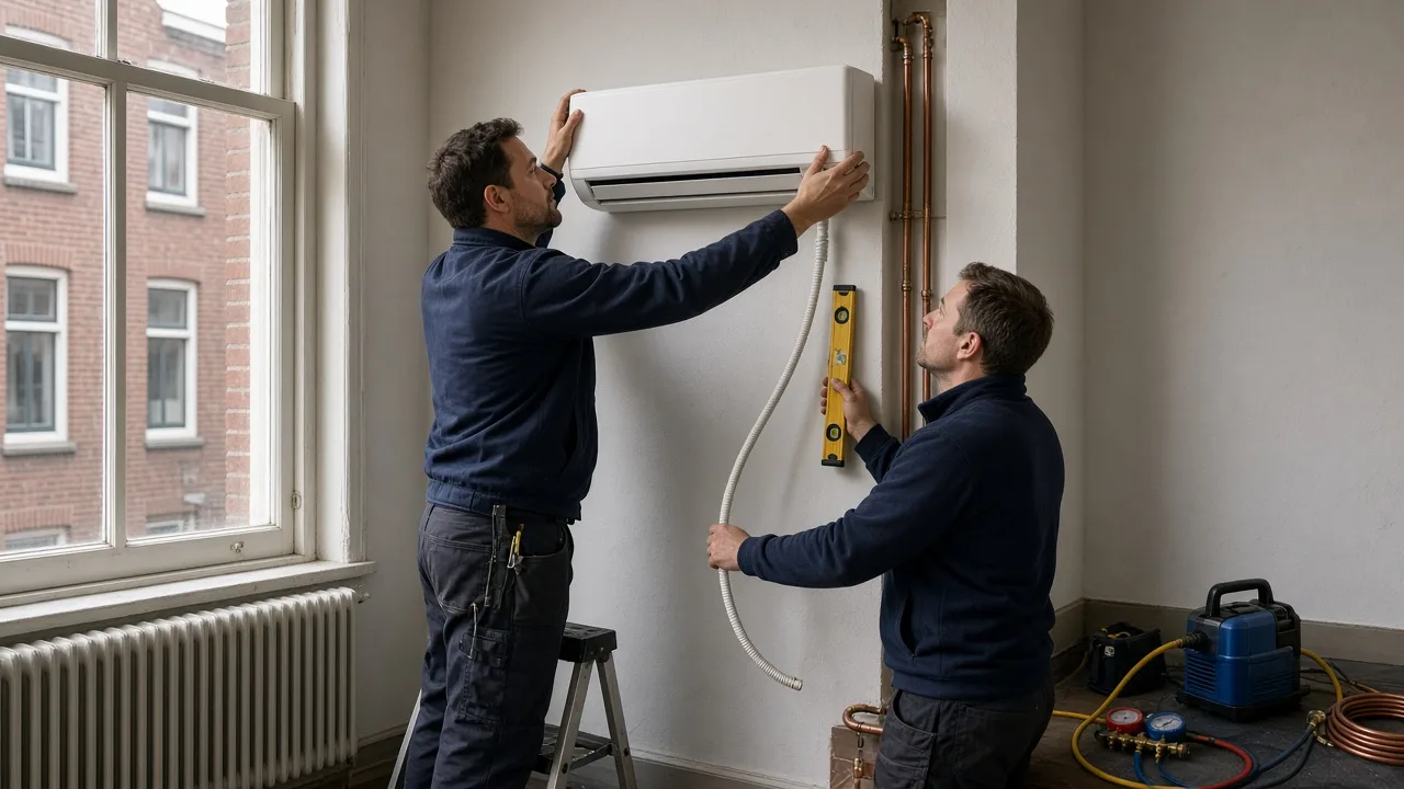 Ophangen van een split-unit tijdens de airco-opleiding, als voorbeeld bij een tussenwoning in Rotterdam