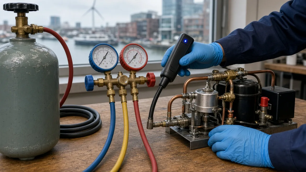 Oefenopstelling voor koudemiddelhandelingen waarmee Karin Mulder de grens tussen cursus en F-gassenexamen uitlegt
