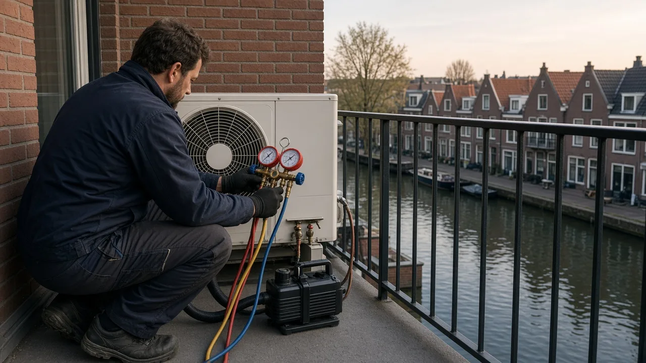 Monteur stelt een airco in bedrijf op een balkon in Rotterdam met manifold en pomp