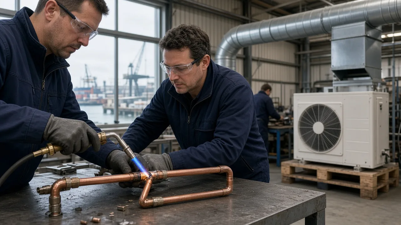 Deelnemers solderen een koperen koelleiding tijdens de klimaattechniekcursus in de werkplaats in Rotterdam