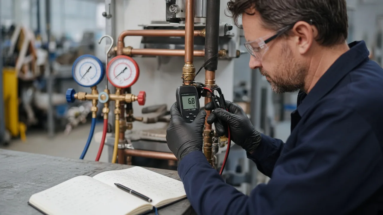 Checklist naast een manifold tijdens het meten van een koelcircuit in de Rotterdamse praktijkwerkplaats