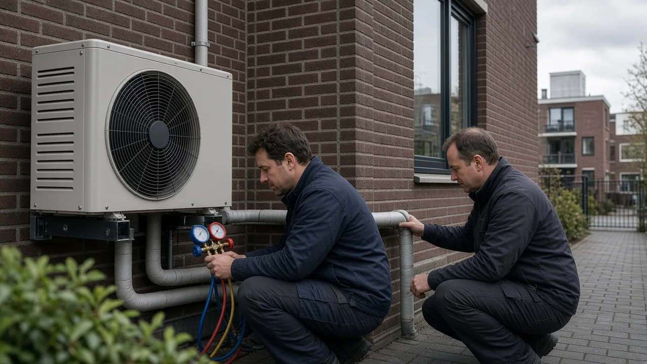 Cursisten controleren de koelleiding van een lucht-waterwarmtepomp bij een woning in Rotterdam